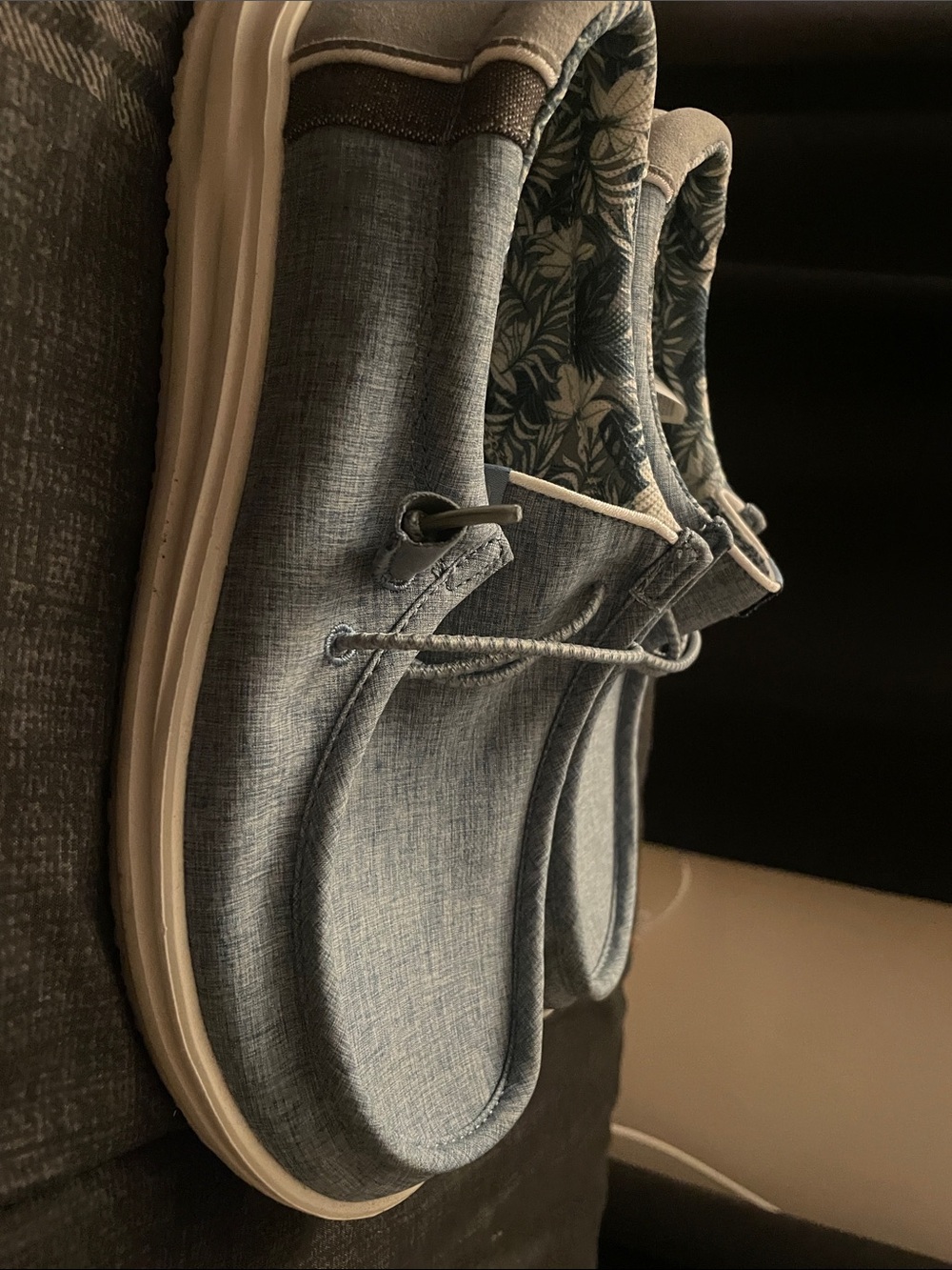 Hey Dude Men's Slip-On Boat Shoes in Light Blue with Floral Lining